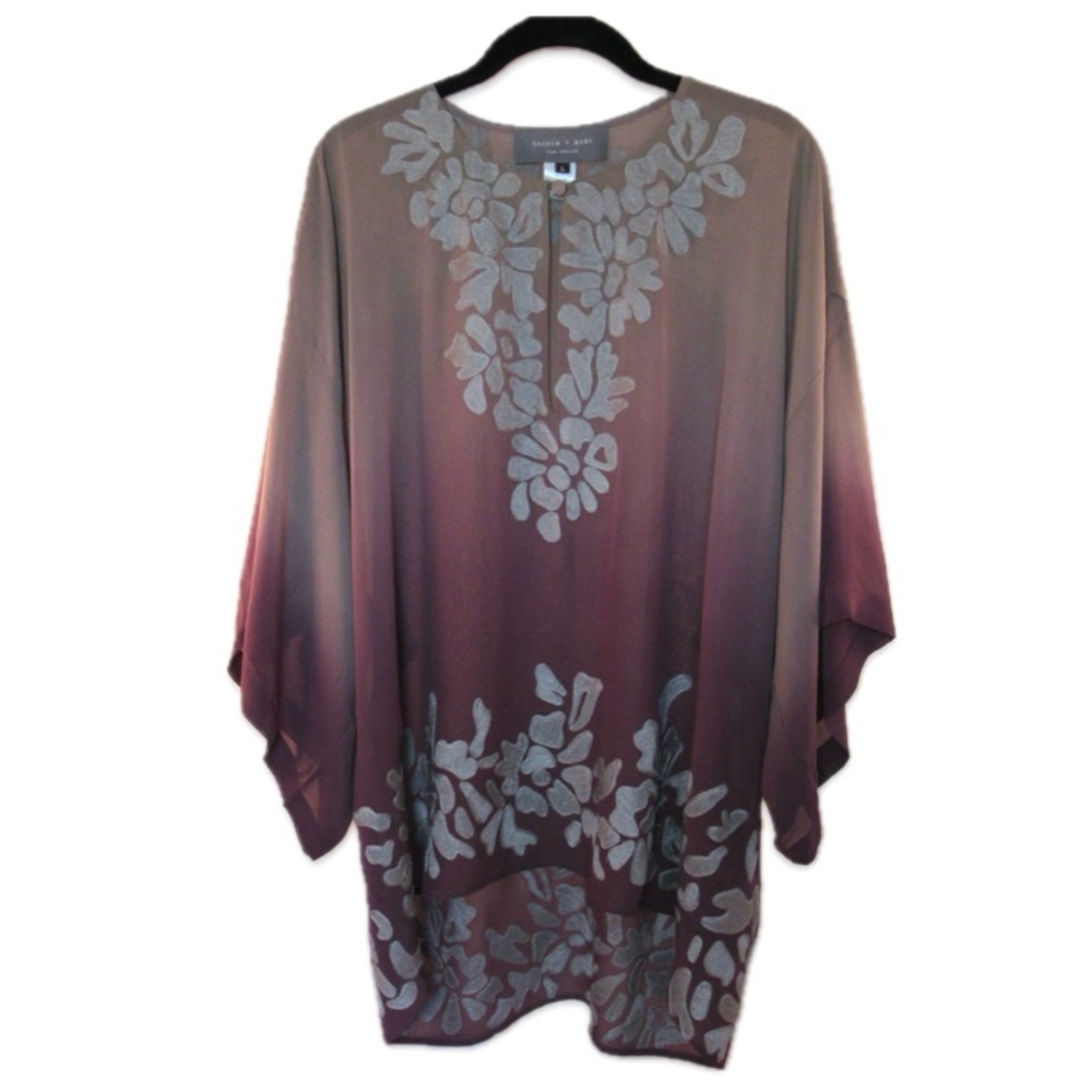 Sachin + Babi Purple and Gray Batwing Sleeve Tunic Floral Embroidery 100% Silk